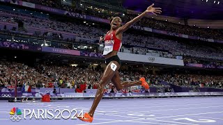 Winfred Yavi JUMPS FOR JOY after winning womens 3000m steeplechase gold  Paris Olympics [upl. by Ahsela513]