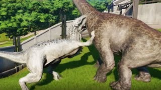 INDOMINUS REX Vs APATOSAURUSBRACHIOSAURUSCAMARASAURUSMAMENCHISAURUS  Jurassic World Evolution [upl. by Otanod226]