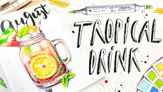 Coloring with Copic Markers  Drawing a tropical drink with alcohol markers [upl. by Eiuqnimod]