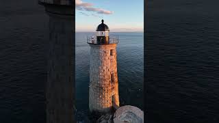 Sunset orbit around Whaleback Light in Kittery Maine lighthouse drone sunset mini4pro [upl. by Eidnew]