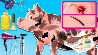 ASMR Care Disinfecting  Treating wounds  Killing insects and bathing pigs  Animal Care Cartoon [upl. by Ecnahs287]