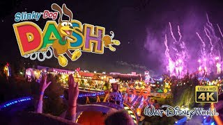 2019 Slinky Dog Dash Roller Coaster at Night with Fireworks On Ride Ultra HD 4K POV Disney World [upl. by Rollo]