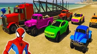 Color Truck Transportation Off Road Cars Colors with Spiderman  GTA V Mods [upl. by Anayik]