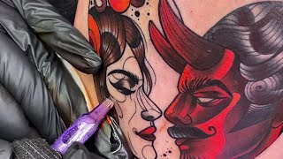 Lady amp Devil Neotraditional Tattoo Time lapse [upl. by Ibocaj741]