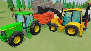 Tractor and Backhoe Loader  Animated Farm with Vehicles and House Building  Excavator for Kids [upl. by Marti]