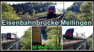 Zugverkehr auf 50 Meter hohe Eisenbahnbrücke bei Mellingen Aargau Schweiz 2020 [upl. by Babb]