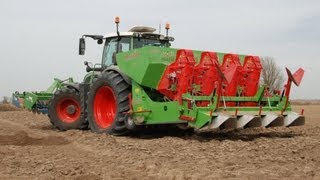 Preparing soil planting potatoes and ridging in a single pass  Fendt 720 amp Baselier Combi planter [upl. by Nylegna]