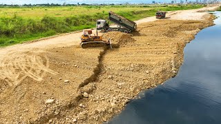 Best Technique Dozer Komatsu D53 Operator Pouring Soil Into The Pond 25t Dump Truck Unloading Soil [upl. by Tereve]