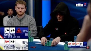 Gyorgyi crazy bluff with 72o  Pokerstars EPT Monte Carlo Final Table [upl. by Auqinahc662]