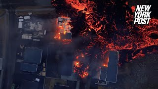 Video shows the moment lava pours over a home in Grindavik Iceland [upl. by Guyon407]