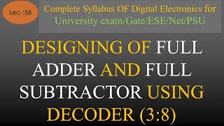 Lec58 Implementation of Full Adder amp Full Subtractor using 3 to 8 Decoder  DE  R K Classes Hindi [upl. by Aikemat632]