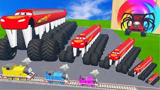 Big amp Small Long amp Tall Lightning Mcqueen with Monster Truck Wheels vs Trains  BeamNGDrive 2 [upl. by Renraw]