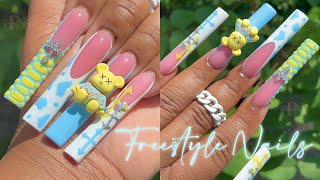 BLUE amp YELLOW FREESTYLE NAILS 💙💛  FULL ACRYLIC NAIL TUTORIAL ✨ [upl. by Lenad3]