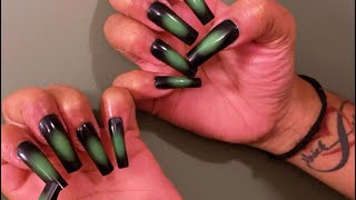 SHEIN Nails Long Nails Tie Dye Black amp Green [upl. by Iran410]