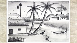 How to Draw Village Scenery with Pencil Sketch Nature Pencil Drawing for Beginners [upl. by Dorry]