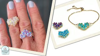 Loving Hearts Beaded Ring and Bracelet Tutorial for Seed Beads and 4mm Bicone MC Crystals [upl. by Anni]