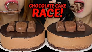 ASMR BIG CHOCOLATE CAKE RACE EATING COMPETITION FULL FACE REVEAL WINNER GETS FRIED CHICKEN FEAST [upl. by Ahsiat531]