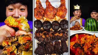 ASMR MUKBANG Fire Black bean Mushroom Spicy Fried Chicken Kielbasa Sausage Funny eating show [upl. by Daveda541]