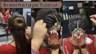 StepbyStep Bridal Hairstyle Tutorial  Elegant Bun and Maang Tikka Setting for Weddings [upl. by Nilra]