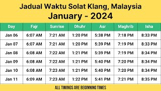 Jadual Waktu Solat Klang Malaysia January  2024  Klang Prayer Times [upl. by Mercorr]