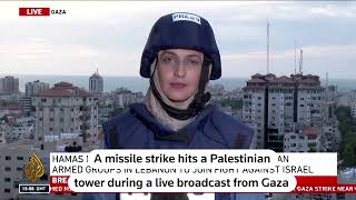 Reporters live broadcast from Gaza interrupted as missile hits tower [upl. by Charters]