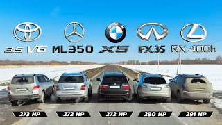 Infiniti FX35 vs BMW X5 vs Lexus RX 400h vs Mercedes ML350 vs Toyota Highlander 35  DRAG RACE [upl. by Airednaxela]