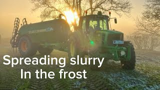 Speading slurry with john deere 6830 and major tanker on the coldest day of the year so far [upl. by Ahsiekim]