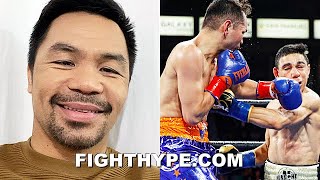 MANNY PACQUIAO REACTS TO NONITO DONAIRE KNOCKING OUT OUBAALI CONGRATULATES HIM ON MAKING HISTORY [upl. by Eberle]