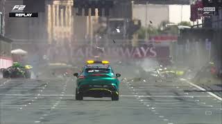 Oliver Goethe and Pepe Marti crash into Kush Maini F2 Azerbaijan GP 2024 feature race [upl. by Uyerta]