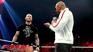 Batista returns and declares hes after Randy Ortons WWE World Heavyweight Title Raw Jan 20 201 [upl. by Atikihc801]