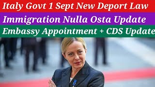 Italy Govt 1 Sept New Deport Law  Immigration Nulla Osta  Embassy Appointment  Carta Di Soggiorno [upl. by Severson]