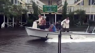 RAW VIDEO Boat along street in front Blackbeards Lodge on Ocracoke Island [upl. by Rollins]