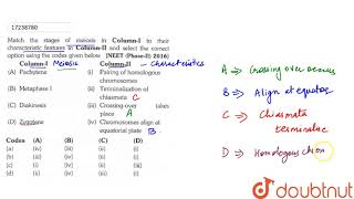 Match the stages of meiosis in Column I to their characteristic features in Column II and select [upl. by Audi]