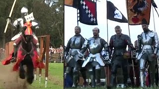 Knights in armour battle each other at a medieval jousting tournament [upl. by Nnyroc]