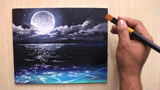 Acrylic painting of beautiful Moonlight night sky landscape step by step [upl. by Nnhoj]