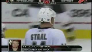 Jordan Staals second career Hat Trick vs Detroit Red Wings 111108 [upl. by Aicnatsnoc]