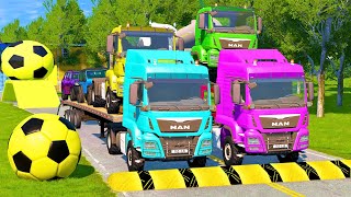 Double Flatbed Trailer Truck vs Speedbumps Train vs Cars  Tractor vs Train BeamngDrive 1 [upl. by Dorolisa]