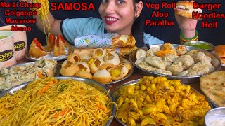 Eating Spiciest🔥 Macaroni Momo Golgappe Malai Chaap Veg Roll Noodles Aloo Paratha Burger [upl. by Camille]