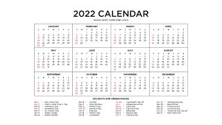 Year 2022 Calendar Printable with Holidays  Wiki Calendar [upl. by Sinaj]