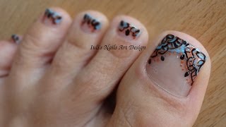 Toes art design Arabesque Embroidery French Pedicure cobaltcopperblack tutorial free hand painted [upl. by Yruok]