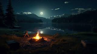 Cozy Campfire Ambient at Night forest beside the Lake with Nature Sounds Cricket and Crackling Fire [upl. by Sikram]