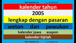 kalender 2005 lengkap pawukon  weton  pasaran kalender jawa  hijriah [upl. by Nosnorb]