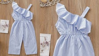 Jumpsuit cutting and stitching baby girl off shoulder ruffle jumpsuit tutorial [upl. by Akoyn]