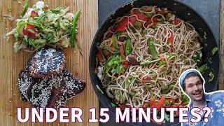 Trying to cook Jamie Olivers Black Bean Burgers and Noodles in under 15 minutes  IJTP  Vegan [upl. by Drusy]