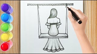 How to draw girl and dolna easy  How to draw a girl with beautiful gown  Very easy step by step [upl. by Eolc]