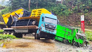 MAKAN TUAN Truk Hino Trailer muatan EXCAVATOR TERBESAR Truk Fuso Tertimpa Muatan Lumpur Truk OFROAD [upl. by Yelrehs]