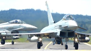 4K CRAZY LOW PASS 8x Luftwaffe Eurofighter Typhoon Departing Neuburg Air Base [upl. by Atikkin697]