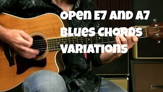 Open E7 And A7 Chord Options Beginning Level Blues Guitar Lesson [upl. by Kellen240]