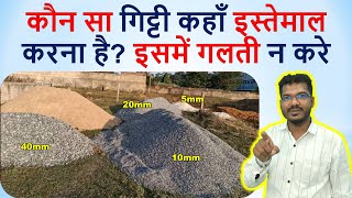 कौन सा गिट्टी कहाँ इस्तेमाल करना है Uses of 5mm 10mm 20mm and 40mm aggregate for House Construction [upl. by Atsev]