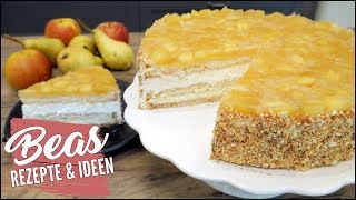 Sahnetorte mit ApfelBirnen Kompott Rezept  Apfelttorte Backen [upl. by Wendalyn]